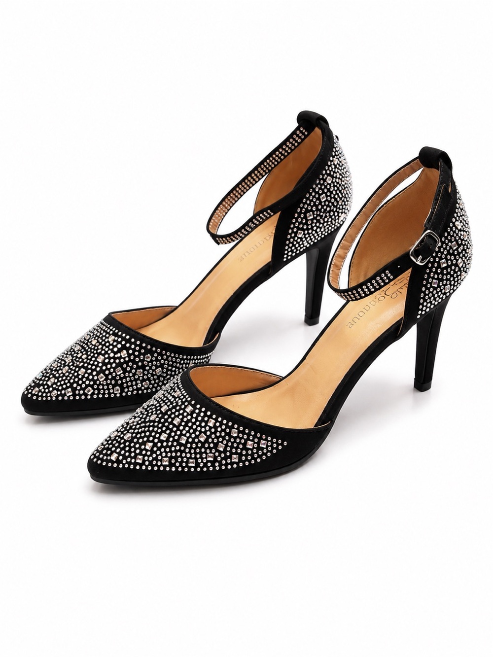 Black Rhinestone Pointed-Toe Ankle-Strap Heels…  3” heels